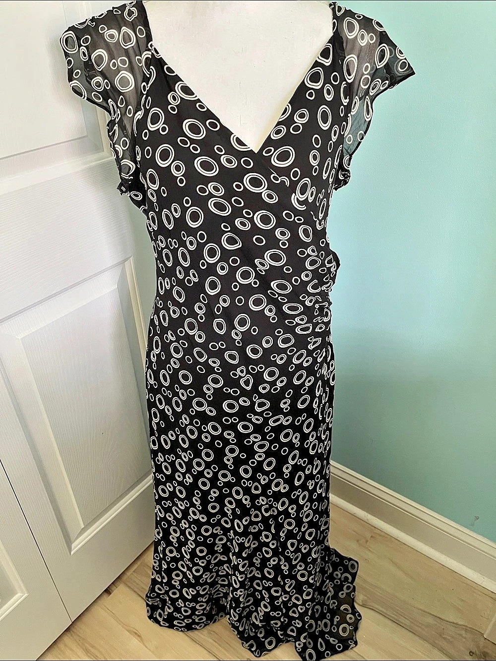 Maggy London Polka Dot Silk Maxi Dress Size 16 Like New